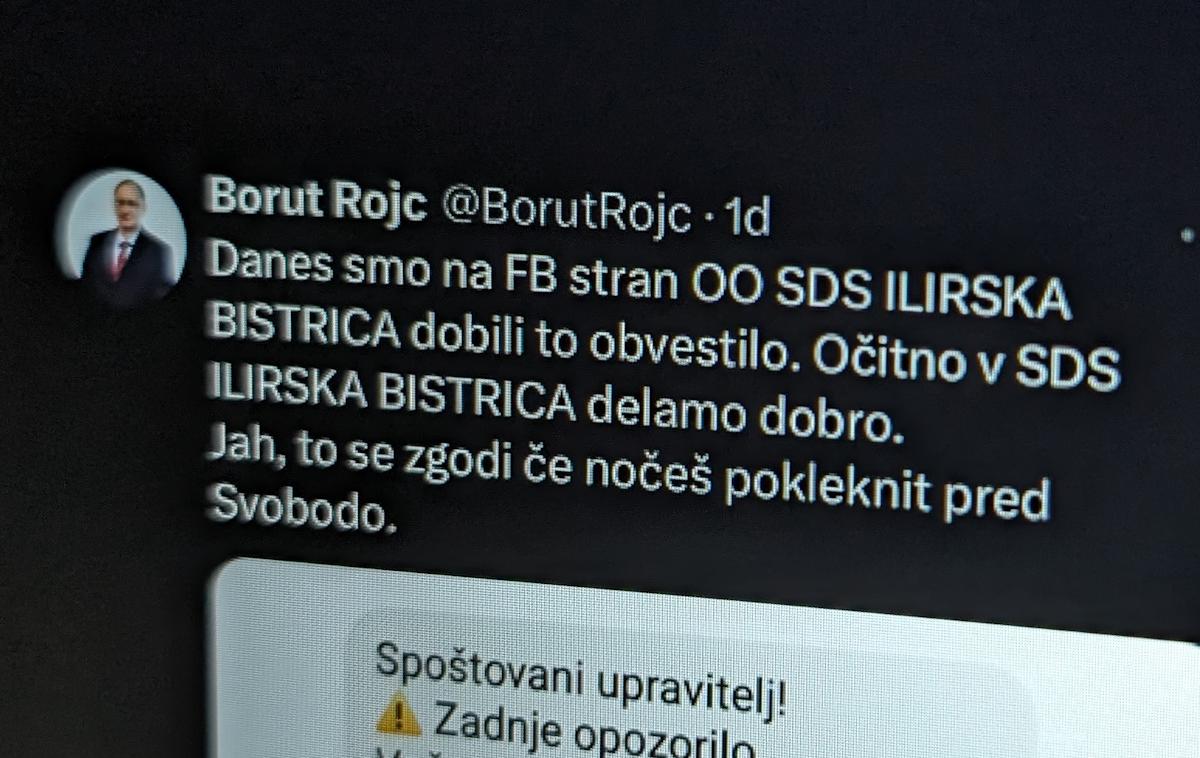 Borut Rojc, X | Predsednik občinskega odbora SDS Ilirska Bistrica je to objavo na družbenem omrežju X izbrisal, vendar pa je na spletu še vedno prisotna prek posnetkov zaslona, ki jih je objavilo več slovenskih uporabnikov družbenih omrežij, in tudi prek nedavno arhivirane različice v sistemu Google Cache.  | Foto Matic Tomšič