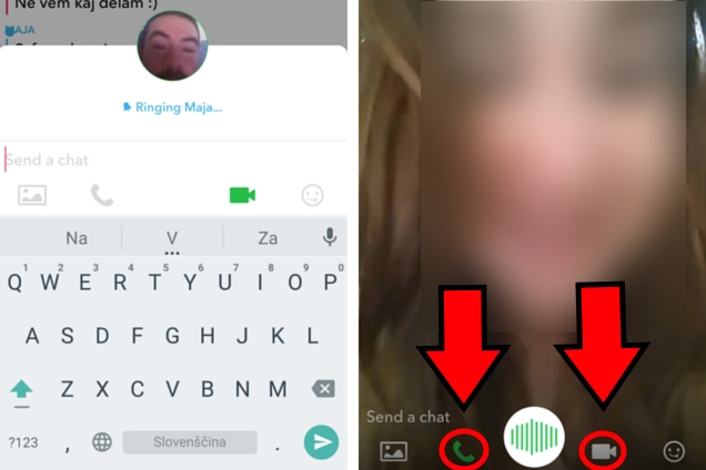 3. korak: Če ima sogovornik že nameščeno novo posodobitev Snapchata, bo prejel obvestilo o klicu. Ko se odzove, se vam bo na zaslonu prikazal njegov obraz, s pritiskom na ikono slušalke ali kamere pa lahko potem preklapljate med navadnim in video klicem, torej vklopite oziroma izklopite kamero. | Foto: 