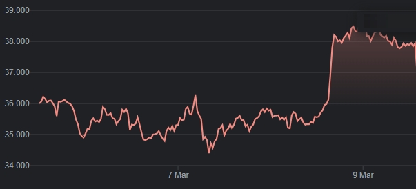 Gibanje cene bitcoina od šestega do devetega marca letos | Foto: 
