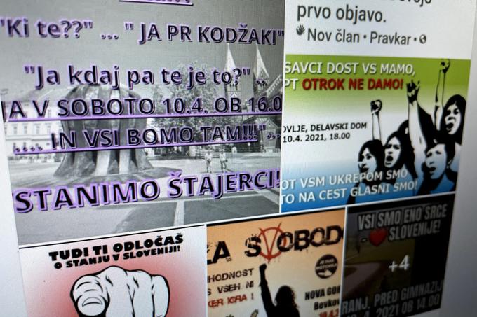 Pozivi k udeležbi na protestih se v slovenski Facebook sferi med drugim pojavljajo v skupnostih Otrok ne damo, MASKE DOL Civilna iniciativa, STOP Lažnivim medijem, Vseslovenska vstaja naroda in drugih, kjer uporabniki izrekajo nasprotovanje ukrepom za končanje epidemije in svoj prav pogosto poskušajo dokazati tudi s teorijami zarot in lažnimi novicami o bolezni covid-19. Od sobotnih protestov se medtem distancira še ena skupnost radikalnih nasprotnikov ukrepov, Gibanje OPS, ki pa protest napoveduje za 27. april.  | Foto: Matic Tomšič / Posnetek zaslona