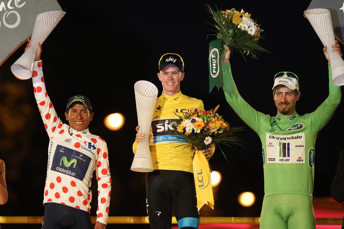 Chris Froome je osvojil prvo od svojih štirih rumenih majic, Peter Sagan drugo od rekordnih sedmih zelenih. Najboljši hribolazec stotega Toura je bil Kolumbijec Nairo Quintana (v pikčasti majici). | Foto: Guliverimage