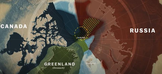 Zemljevid prikazuje ozemeljske zahteve Danske, Rusije in Kanade za suverenost nad Arktiko. | Foto: zajem zaslona/Diamond villas resort
