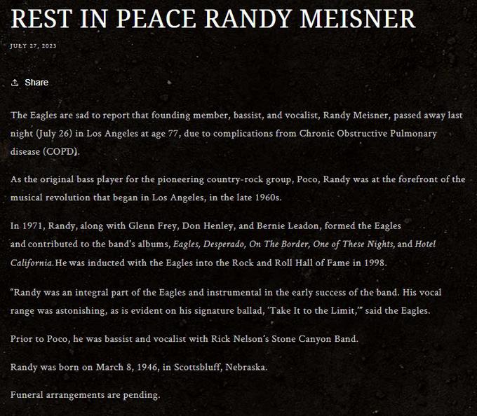 Izjava ob smrti Randyja Meisnerja, ki so jo na svoji spletni strani, objavili preostali člani skupine Eagles. | Foto: Posnetek zaslona/Eagles