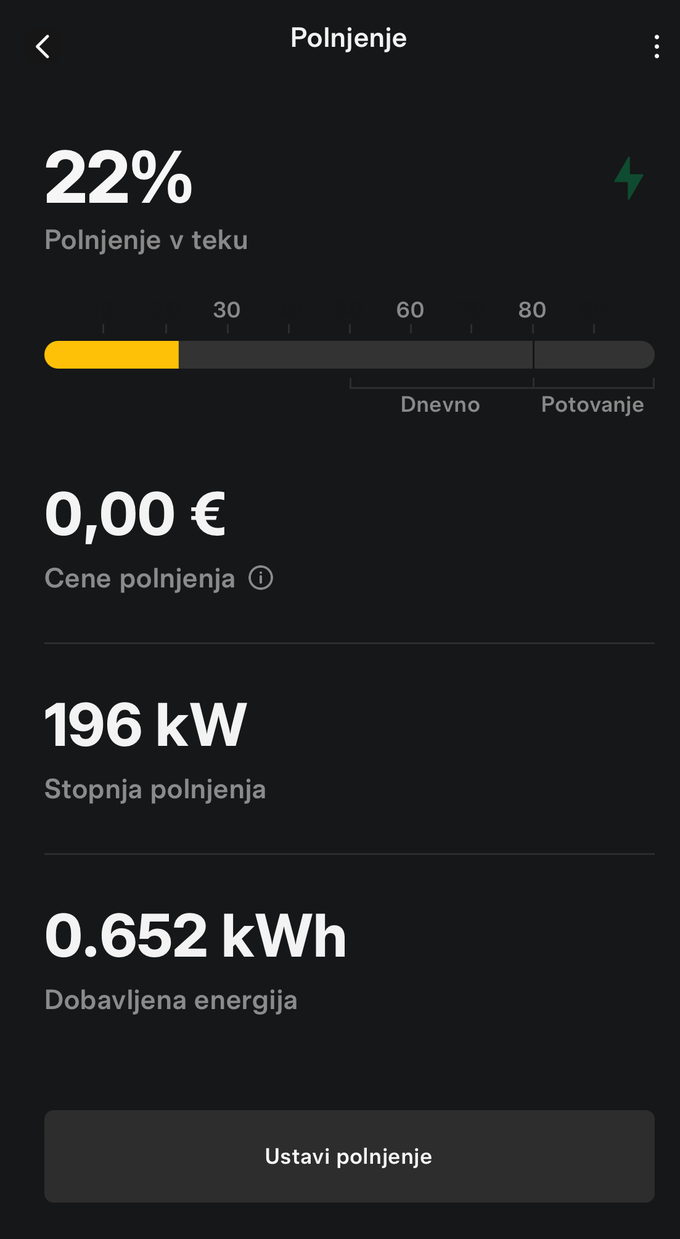 Aplikacija prikazuje podatke o napolnjenosti baterije, moči polnjenja, količini energije in tudi strošku polnjenja. | Foto: Gregor Pavšič