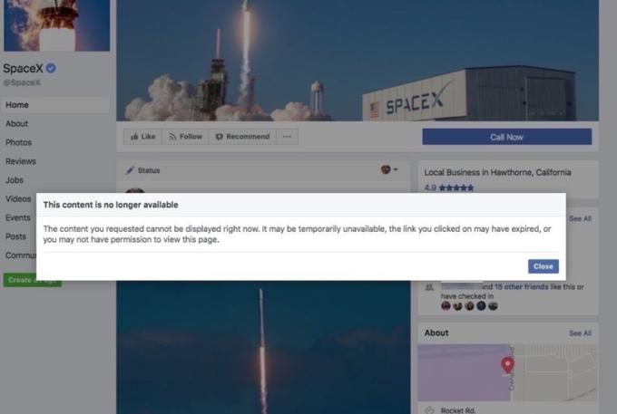 Sporočilo uporabniku pojasnjuje, da vsebina, ki jo je zahteval, v tem primeru je to profil podjetja SpaceX, ni več na voljo.  | Foto: Elon Musk