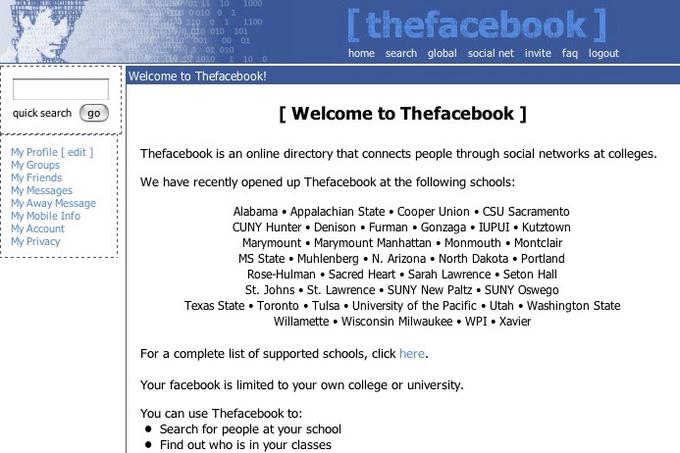 Tako je izgledalo družbeno omrežje Facebook na začetku, ko so uporabljali le študenti nekaterih univerz. | Foto: 