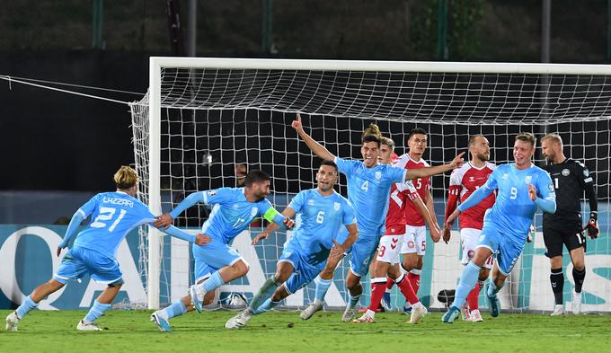 San Marino je bil lani blizu senzacije, ko je v drugem polčasu proti Danski izenačil na 1:1. Na koncu je izgubil z 1:2. | Foto: Reuters