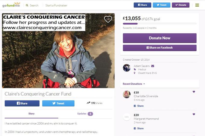 Kampanja "Claire is conquering cancer" (Claire premaguje raka) na spletni strani gofundme.com. | Foto: 