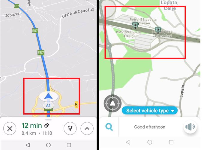 Ista lokacija v aplikacijah Zemljevid oziroma Google Maps (levo) in Waze (desno). Waze voznika opozori, da se približuje lokaciji merjenja hitrosti in kje natanko sta postavljena radarja, Googlov Zemljevid pa ne.  | Foto: Matic Tomšič