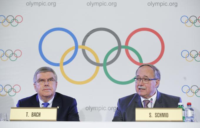 Thomas Bach, predsednik MOK, in Samuel Schmid, predsednik disciplinske komisije MOK, sta v začetku decembra sporočila odločitev MOK, ki ruskim športnikom, ki so kadarkoli  posegli po prepovedanih substancah, prepoveduje nastop na olimpijskih igrah v Pjongčangu.  | Foto: Reuters