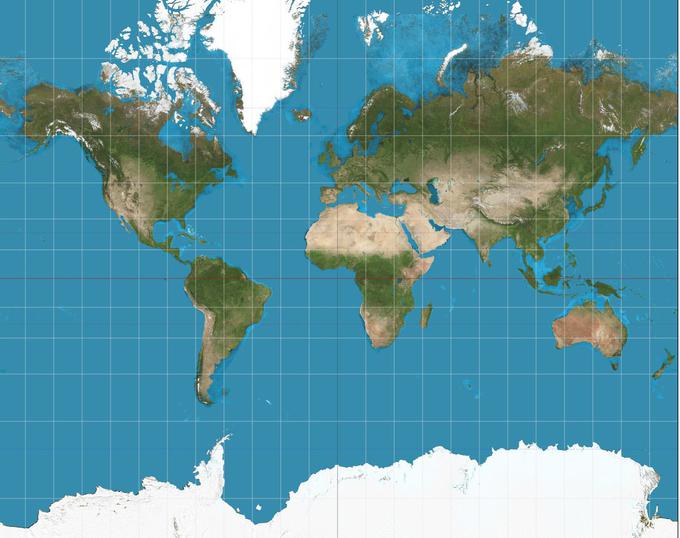 Razmerje velikosti celin na Merkatorjevi projekciji se povečuje z odmikanjem od ekvatorja proti severnemu in južnemu polu. Višja oziroma nižja je geografska višina kopnega, bolj je izkrivljena njena prava velikost. | Foto: Thomas Hilmes/Wikimedia Commons
