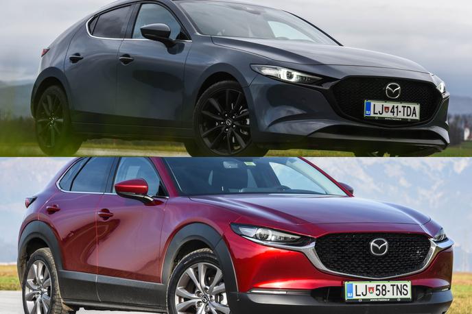 Mazda 3 in CX-30 | Oblikovno sta si precej podobna, a k sreči dovolj različna, da ju je na cesti nemogoče zamenjati. | Foto Gašper Pirman