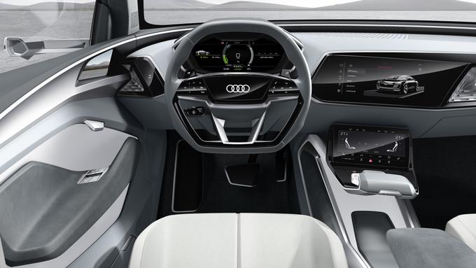 Futuristični kokpit naj bi ponujal novo izkušnjo komunikacije med voznikom in avtomobilom ter vozilom in zunanjaim svetom. Pri Audiju obljubljajo še visoko stopnjo umetne inteligence. Namesto vzvratnih ogledal pogledu nazaj strežejo kamere. | Foto: Audi