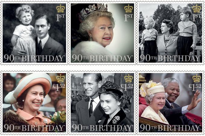 V čast kraljičinega 90. rojstnega dne so v Veliki Britaniji izdali šest novih znamk z njeno podobo. | Foto: Getty Images