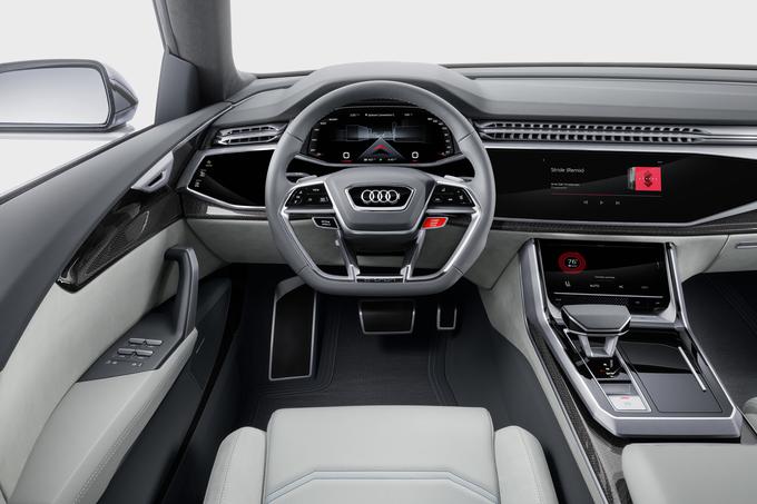 Povsem futuristična in z mehkimi površinami ter izbranimi materiali oplemenitena je tudi notranjost, kjer izstopa armaturna plošča z zasloni nove generacije Audijevega virtualnega kokpita visoke ločljivosti 1.920 x 720 slikovnih pik. Voznik ima pred seboj 12,3-palčni zaslon TFT sklopa prilagodljivih digitalnih merilnikov, ki zanjo izpisovati tudi 3D-kartografijo.  | Foto: Audi