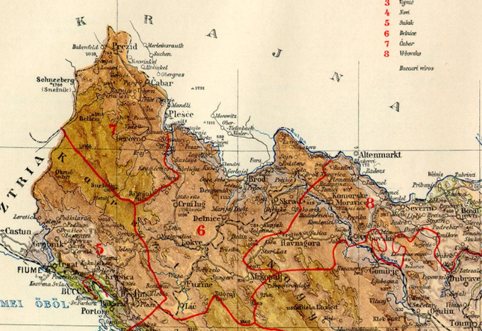 Madžarski zemljevid hrvaških oziroma ogrskih grofij (županij) na prostoru današnjega Gorskega kotarja v 19. stoletju. Ravna Gora leži v Vrbovski grofiji (županiji), ki je označena s številko osem. | Foto: commons.wikimedia.org