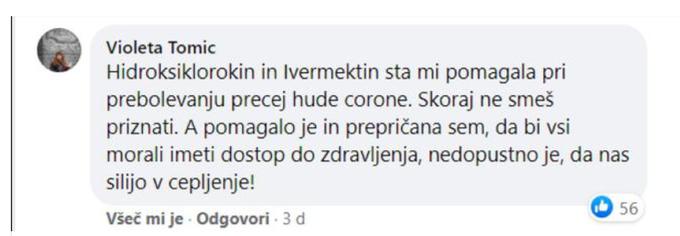 Violeta Tomić je takrat na Facebooku izrazila tudi nestrinjanje s cepljenjem proti bolezni covid-19. | Foto: 