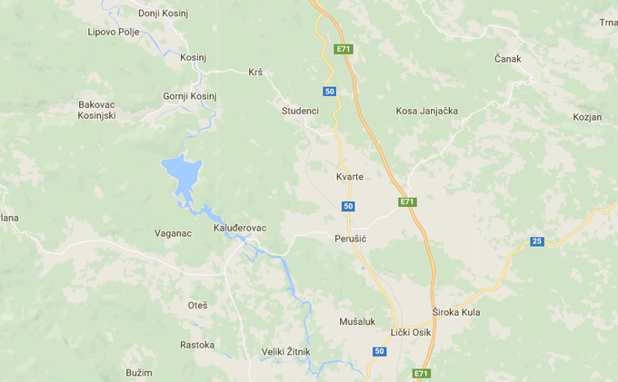Zemljevid Like z vasmi, ki so jih v celoti ali delno poselili Kranjci: Donji in Gornji Kosinj, Perušić, Kaluđerovac, Mušaluk, Čanak ... | Foto: Google Zemljevidi