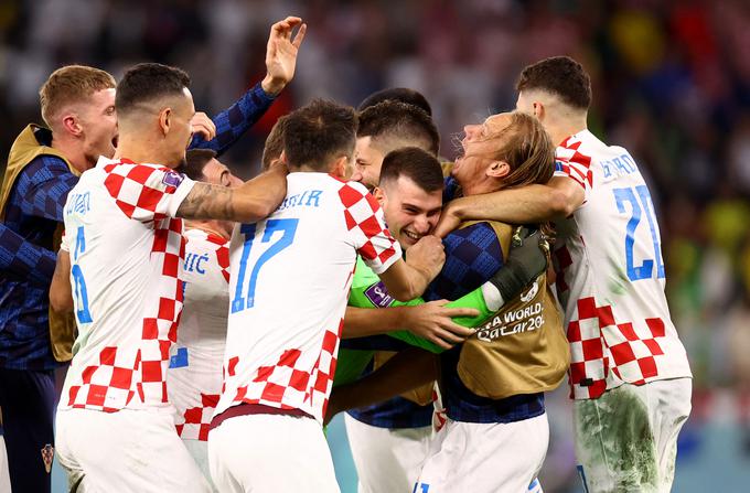 Hrvaška nogometna reprezentanca je v četrtfinalni tekmi SP 2022 v Katarju po izvajanju enajstmetrovk izločila favorizirano Brazilijo.  | Foto: Reuters