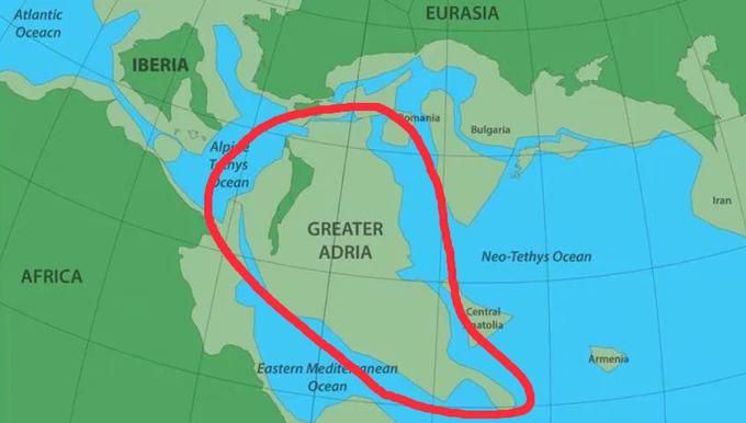 Grob prikaz, kako naj bi bila pred okrog 200 milijoni let videti celina Velika Adria oziroma Veliki Jadran.  S svetlejšo zeleno pobarvani del je bil najverjetneje pod morsko gladino, menijo znanstveniki. | Foto: Gondwana Research | Foto: 