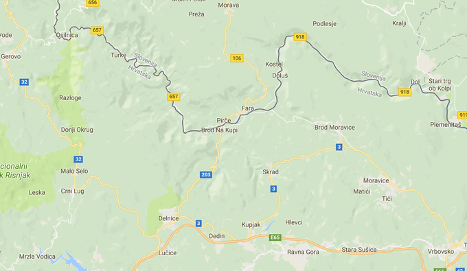 Kraji severno in južno od današnje slovensko-hrvaške meje, od koder prihajajo Kranjci, ki so poselili opustele liške vasi. | Foto: Google Zemljevidi