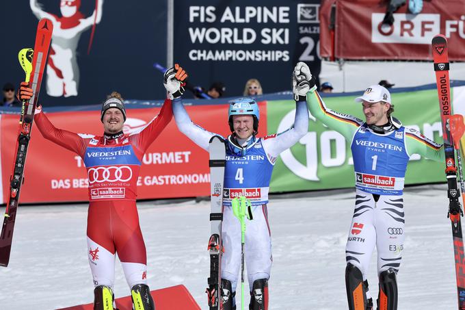 Najboljši trije na zadnjem slalomu sezone: tretji Feller, zmagovalec Haugan in drugi Strasser | Foto: Guliverimage