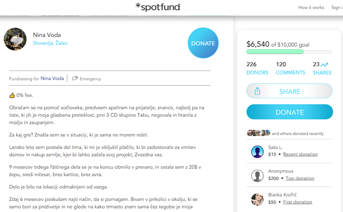 Nini Vodopivec je na platformi Spotfund do zdaj denar za vrnitev v domovino nakazalo že 226 donatorjev.  | Foto: Matic Tomšič / Posnetek zaslona