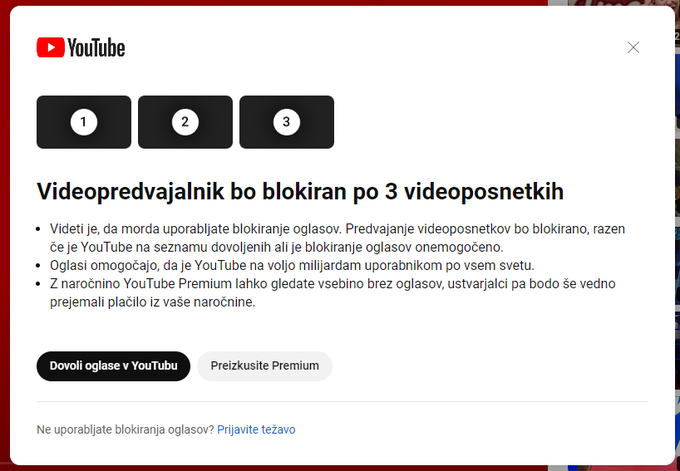 Opozorilo, da je na voljo omejeno število ogledov videoposnetkov, preden bo YouTube blokiran. | Foto: Matic Tomšič