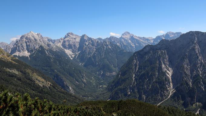 Ob povratku pogled na Prisojnik, Razor, Triglav in druge vrhove Julijcev ter Trento. | Foto: Matej Podgoršek
