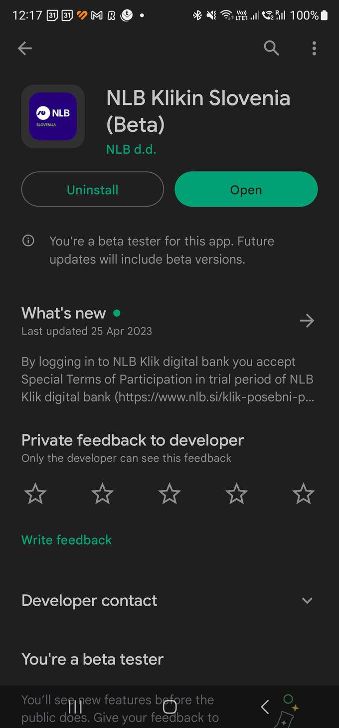 Za možnost prenosa nove mobilne banke NLB Klik je treba pri predstavitvi obstoječe aplikacije Klikin v tržnici Google Play pridobiti status preizkuševalca (Beta tester). | Foto: Srdjan Cvjetović