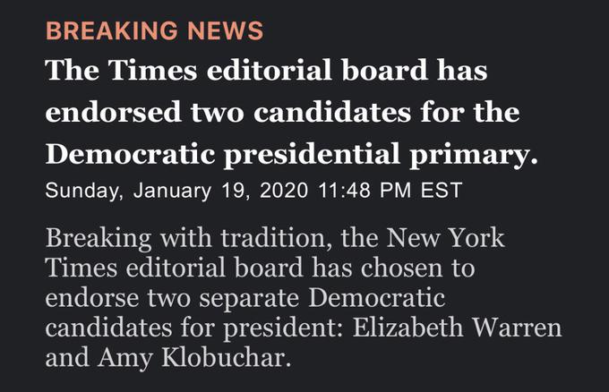 New York Times je z izredno novico oznanil, da je prekinil s tradicijo in prvič podprl dva demokratska kandidata oziroma kandidatki za predsednico. Foto: New York Times  | Foto: 